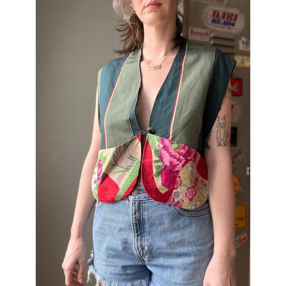 Vintage 90s Silk Patchwork Vest | Floral Brocade Crop | Artwear Festival Top | M